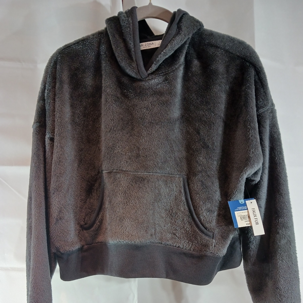 *Arizona Jean Co Faux Fur Crop Hoodie Very Soft Front Pockets Gray Junior's L NW